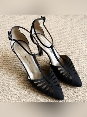 YSL Vintage Black Satin T-Strap Heels